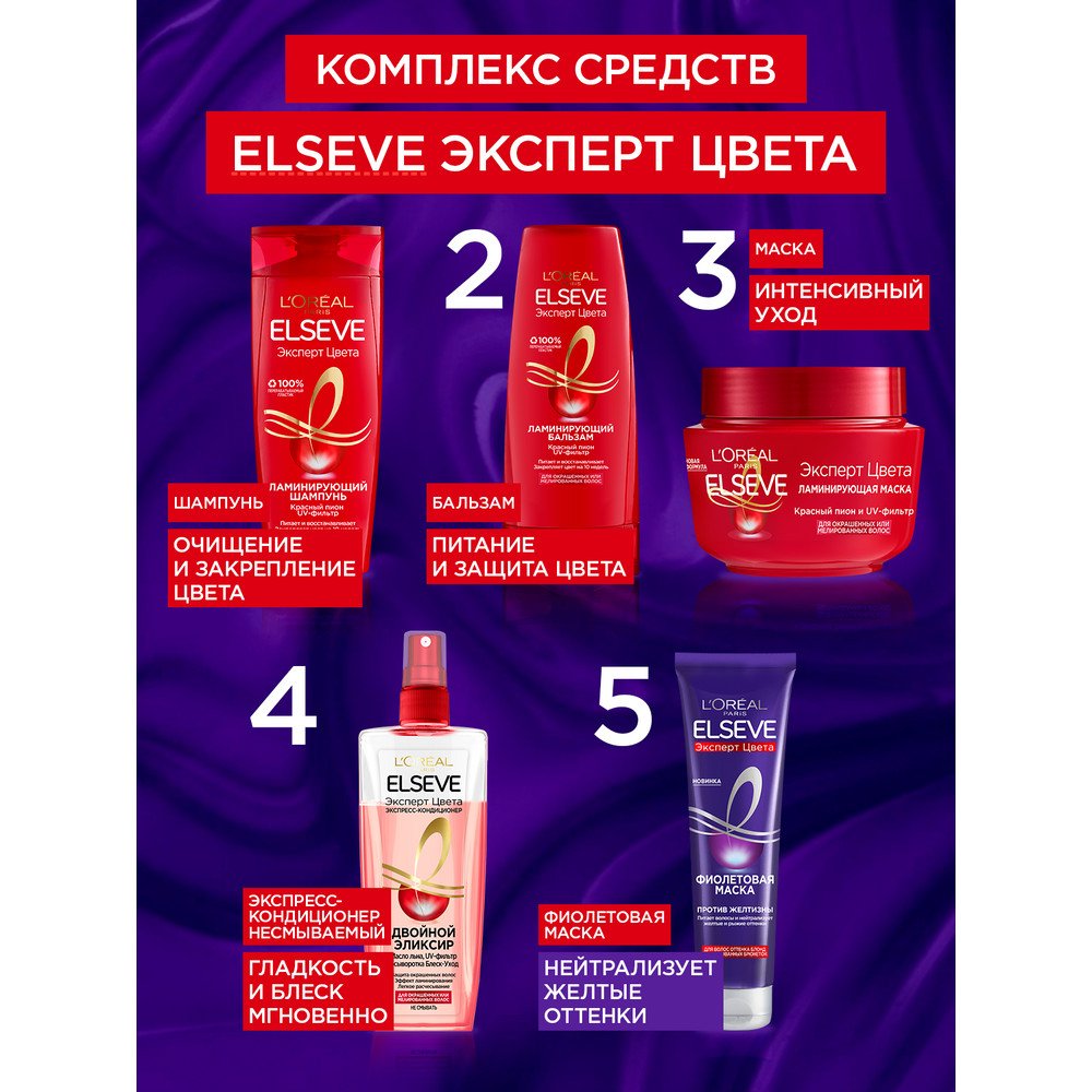 Фиолетовая маска L'Oreal Elseve Эксперт Цвета против желтизны, 150 мл